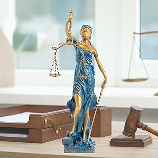 Statue de justice en bronze de 27,9 cm – Thémis avec écailles et épée les yeux bandés, sculpture juridique de première qualité pour salle d